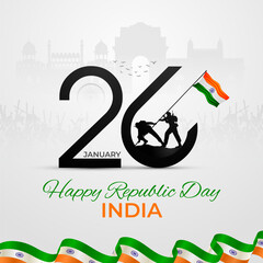 Happy Republic Day India social media post, wavy Indian flag, tricolor with Famous monument, background