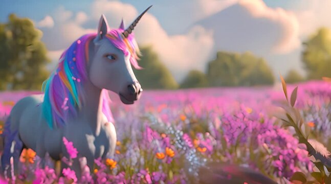 Cartoon character of a colorful meadow where a majestic unicorn with a shimmering rainbow-colored mane and a sparkling horn stand