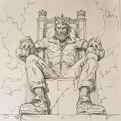 A strong and handsome man sitting on a throne in a dramatic powerful pose, square format