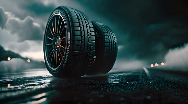 A car tire moving fast, showing the friction with the road, dark background