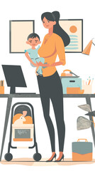 Working Mother Balancing Career and Childcare, Businesswoman Holding Baby and Briefcase in Hands, Opportunity Concept