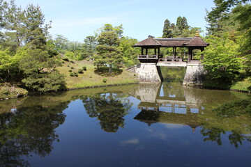 Chitose-bashi Bridge and Yokuryu-chi Pond in Shugakuin Imperial Villa, Kyoto, Japan