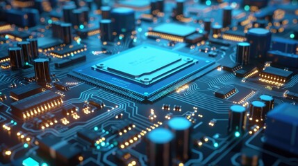 Obraz premium An up-close look at a computer circuit board. The image is dark and moody, with the only light coming from the glowing blue and yellow lights on the board. 