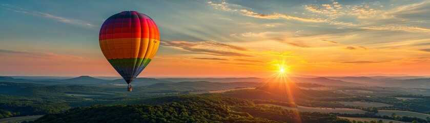 Fototapeta premium Hot air balloon flies over the green fields and hills at sunrise