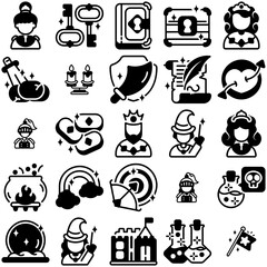 Set Of Linear Dream Story Black Icons Web Header Banner Design Containing Ancient,Fantasy,Warrior,Crown,Magic Infographic Simple Vector Illustration Logo