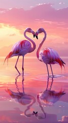 Obraz premium A pair of flamingos wading gracefully through a shallow lagoon generated by AI