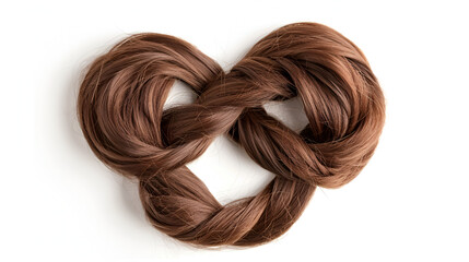 Brown hair knot in the shape of a heart isolated on a white background, generative AI