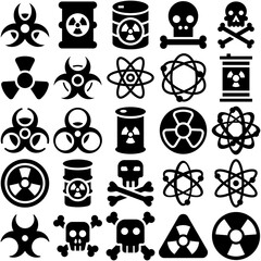 A Collection Of Danger Isolated Silhouette Solid Icons With Toxicant,Warning,Danger,Discovery,Nuclear Stroke Icon Collection. Vector Illustration