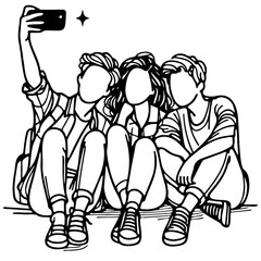 Friends Sitting and Selfie Together Line Drawing.