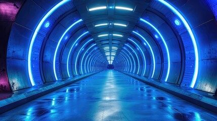 A long, futuristic tunnel with blue lights.