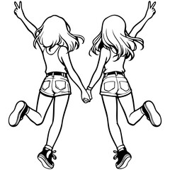 Girl Friends Sketch Drawing.