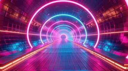 Obraz premium Glowing tunnel with neon lights.