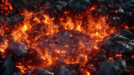 Glowing embers of a dying fire.