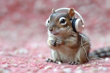 Chipmunk enjoying music wearing headphones on pink background.