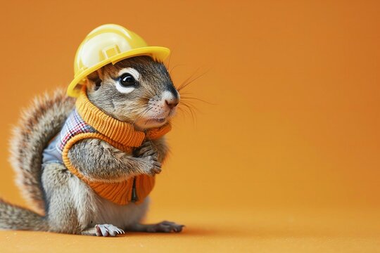 Chipmunk in hard hat and vest on orange background