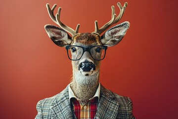 Fototapeta premium Smart deer in suit and glasses on red background.