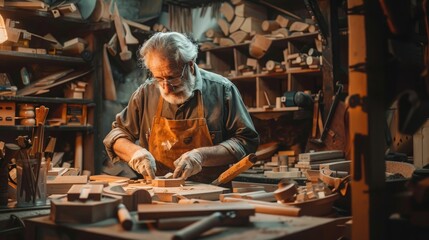 An experienced artisan carefully shapes wooden elements, demonstrating the art of fine woodworking in his cluttered workshop
