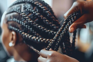 skilled hairstylist creating intricate braids for client in trendy hair salon shallow focus photography