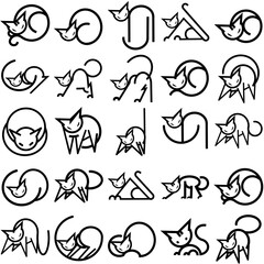 Set Of Linear Classic Cat Icons Silhouette Vector Logo Design Containing Cute,Animal,Pet,Cat,Kitten Solid Icon Collection. Vector Illustration