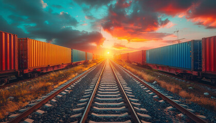 Fototapeta premium A train track with a sunset in the background by AI generated image