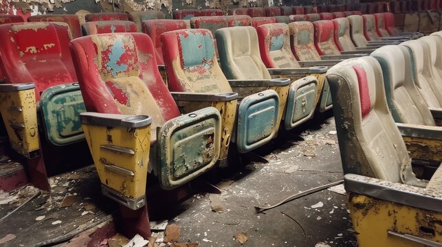 an abandoned movie theater. The seats are old and worn, and the walls are covered in graffiti. The theater is in disrepair, and it is clear that it has been abandoned for some time. - Powered by Adobe