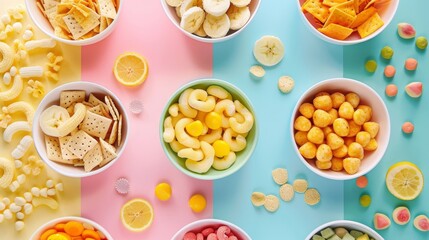 A colorful assortment of food items in bowls, including bananas, crackers