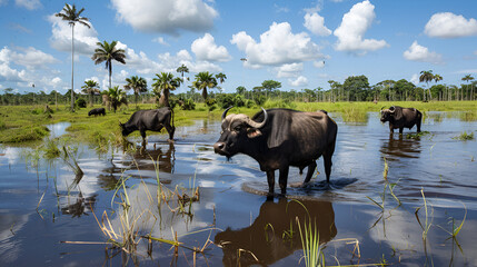 Buffaloes in a region of flooded fields, generative AI