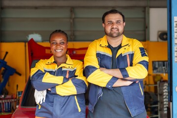 Two car mechanics, one African woman and one Asian man, standing in garage. Wearing blue and yellow uniforms, smiling confidently. Background shows tools and equipment, representing teamwork,