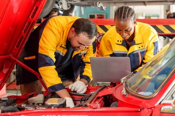 Male mechanic working under hood, female mechanic using laptop. Both wearing blue and yellow...