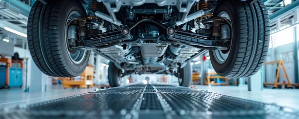Undercarriage view of a car lifted for maintenance in a modern workshop, professional and clean, detailed mechanical work, perfect for automotive service advertisements, copy space