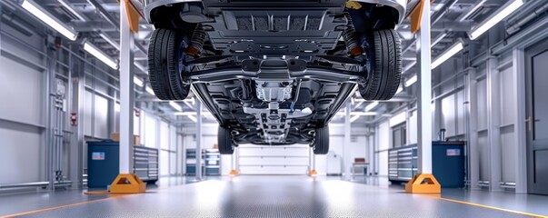 Undercarriage view of a car lifted for maintenance in a modern workshop, professional and clean, detailed mechanical work, perfect for automotive service advertisements, copy space