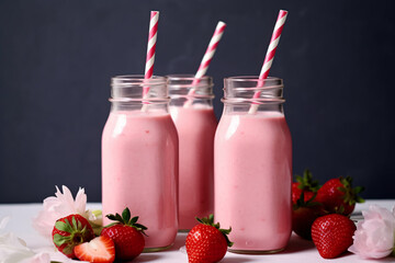 Bottles with pink strawberry milkshake in front of dark background