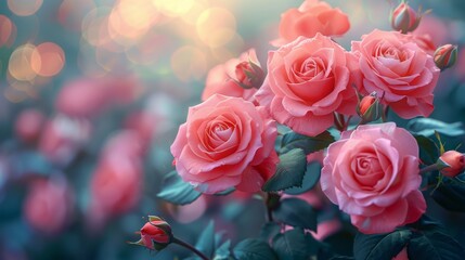 Cluster of pink roses with soft focus background, suitable for romantic gift advertisements or Valentine's Day promotions