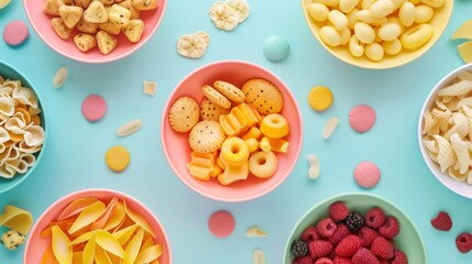 A colorful assortment of snacks and fruits are displayed in bowls on a table