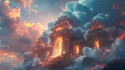 A castle appeared in the sky with fire burning inside. Castle surrounded by clouds and the sky was filled with a warm orange light A scene that was both surprising and awe-inspiring.