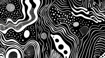 Black and white abstract pattern with dots, lines, curves and waves