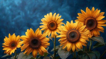 Fototapeta premium Bright yellow sunflowers with a deep blue sky in the background, suitable for vibrant summer event flyers
