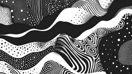 Black and white abstract pattern with dots, lines, curves and waves