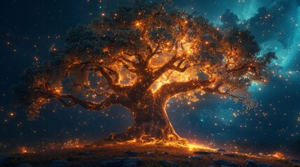 Ancient tree of life glowing with energy in a forest, sky background