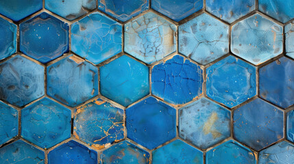 Weathered blue hexagonal tiles with cracks and chips in the glaze.