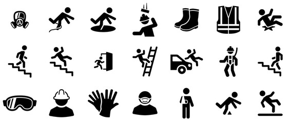 Set Of Linear Workplace Safety Icons Silhouette Vector Logo Design Containing Fall,Falling,Down,Safety,Accident Outline Icons Collection. Simple Vector Illustration