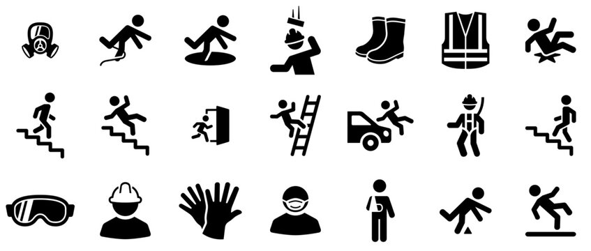 Set Of Linear Workplace Safety Icons Silhouette Vector Logo Design Containing Fall,Falling,Down,Safety,Accident Outline Icons Collection. Simple Vector Illustration
