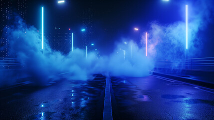 A dark, empty street with a dark blue background, neon light, spotlights, and smoke floating on the asphalt floor and studio room.