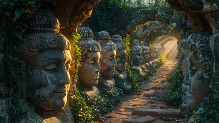 Fototapeta premium A row of statues of Buddha's face are lined up in a tunnel