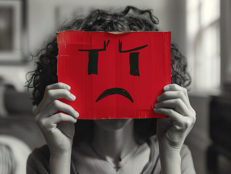 Woman Holding Sad Face Cardboard Box, Monotone