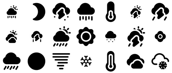 Mega Set Of Vector Weather Glyph Icons Web Header Banner Design Containing Rain,Cloud,Storm,Weather,Heavy-Rain Simple Black Style Symbol Sign For Apps And Website, Vector Illustration