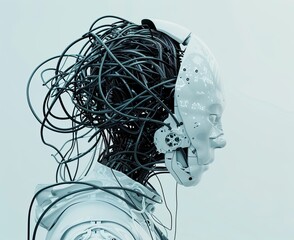 A humanoid robot with many wires attached to its head. A futuristic science fiction plot. Artificial intelligence. Illustration for banner, poster, cover, brochure or presentation.