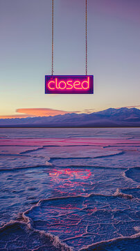 A neon closed sign hovers above expansive salt flats during a vibrant sunset, with mountains in the background