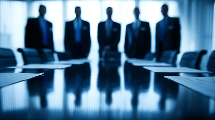 Blurred image of business professionals standing in a boardroom, suggesting a corporate meeting.