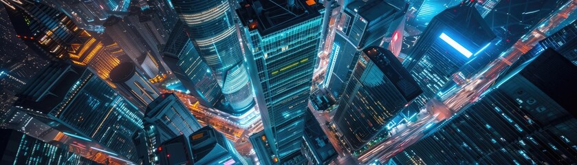 Aerial view of a futuristic cityscape at night with vibrant lights and towering skyscrapers creating a dynamic urban environment.